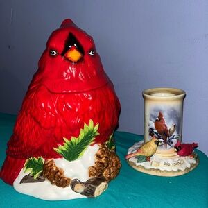 Hand Painted Cardinal Cookie Jar & Terry Isacc Lights of Harmony Candle Holder